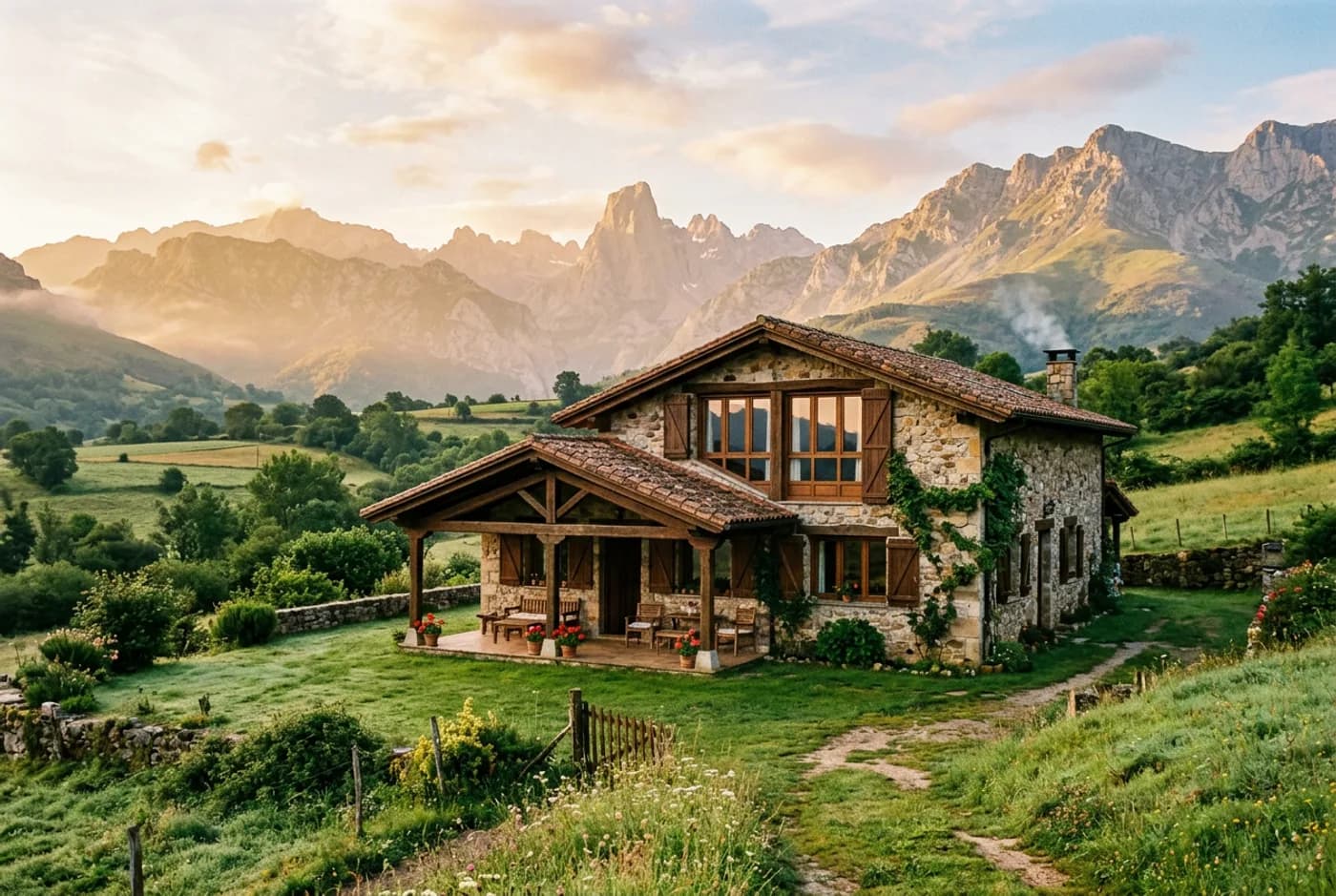 Casa de turismo rural en un entorno natural de montaña al amanecer, sin personas.