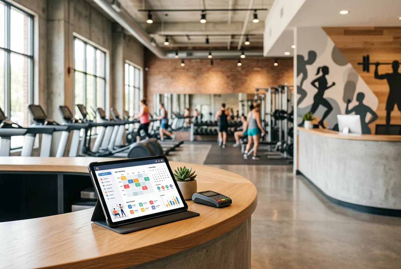 Recepción de un gimnasio con una tablet sobre el mostrador, sin texto legible en pantalla y sin personas identificables