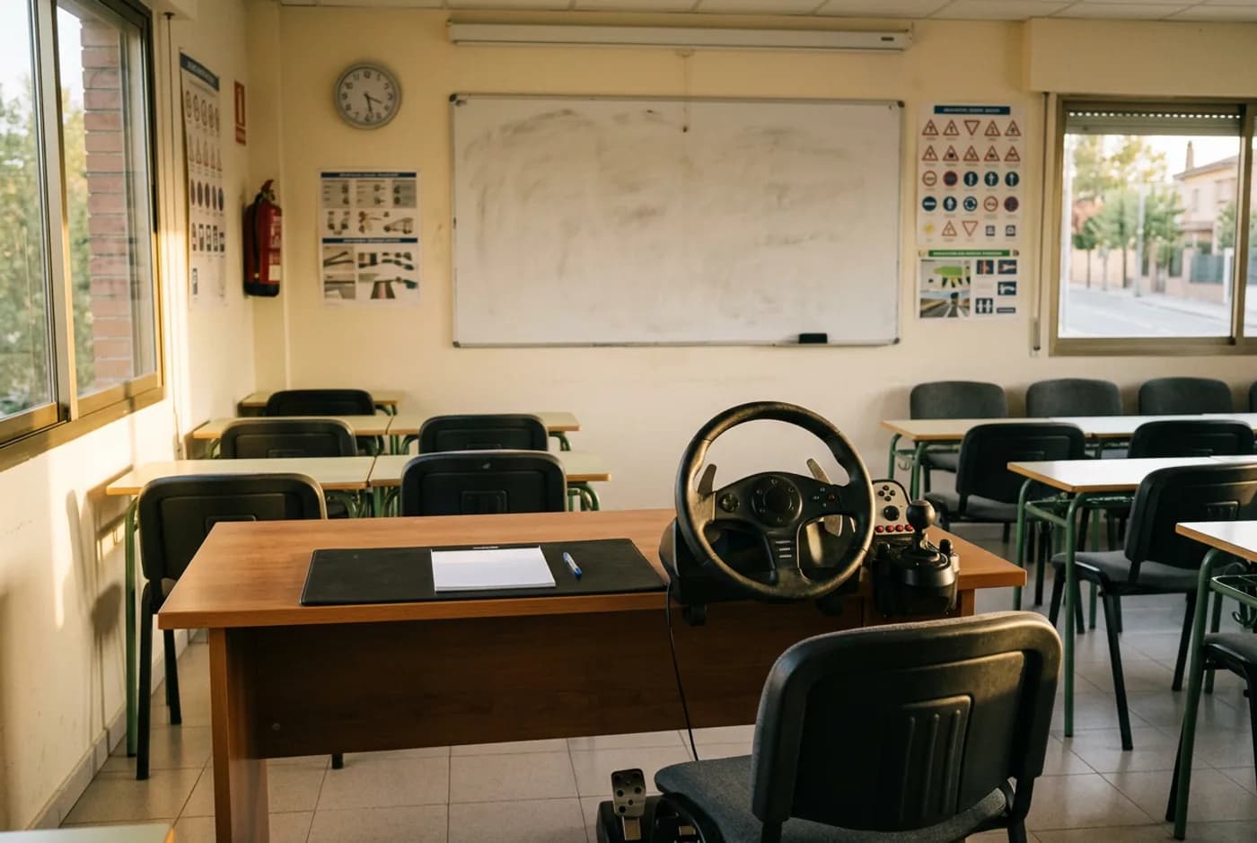 Aula de autoescuela vacía con escritorio, volante didáctico y pizarra en blanco.